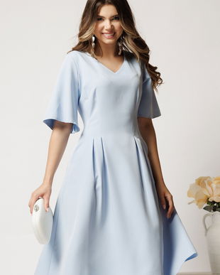 Rochie midi bleu din stofa in clini cu pliuri si buzunare