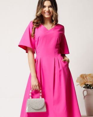 Rochie midi fucsia din stofa in clini cu pliuri si buzunare