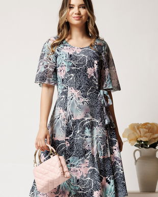 Rochie midi bleumarin cu imprimeu roz-turcoaz din lycra in clini cu funda in talie