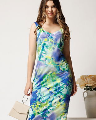 Rochie midi albastra din lycra cu croi drept si imprimeu verde