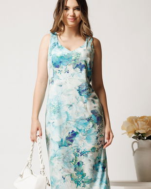 Rochie midi turcoaz din lycra cu croi drept si imprimeu floral