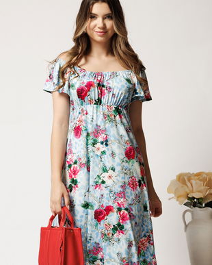 Rochie midi bleu din lycra cu trandafiri roz