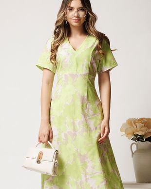 Rochie midi bej cu imprimeu verde neon din viscoza in clini