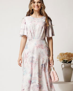 Rochie midi roz cu flori turcoaz din viscoza in clos cu pliuri pe bust
