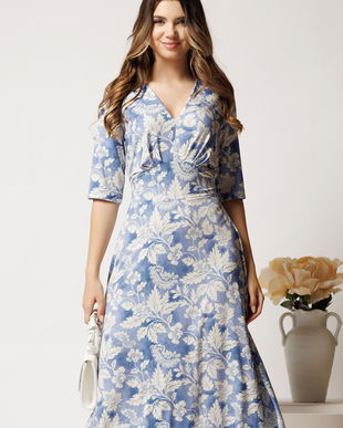 Rochie midi bleu din viscoza in clos cu flori albe