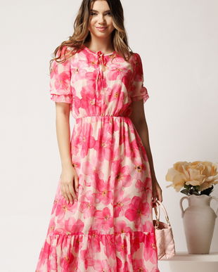 Rochie midi roz din voal in clos cu imprimeuri florale fucsia