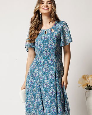 Rochie midi turcoaz cu mov din voal in clin cu fir lurex si decupaje la decolteu