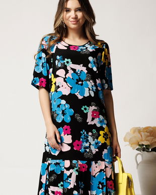 Rochie midi neagra din viscoza cu croi drept si flori albastre