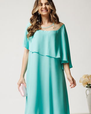 Rochie midi turcoaz din voal dreapta cu volan si broderie pe bust