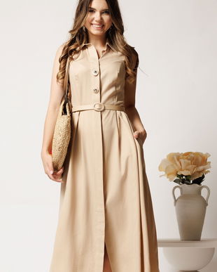 Rochie midi bej din tencel in clos cu nasturi si curea