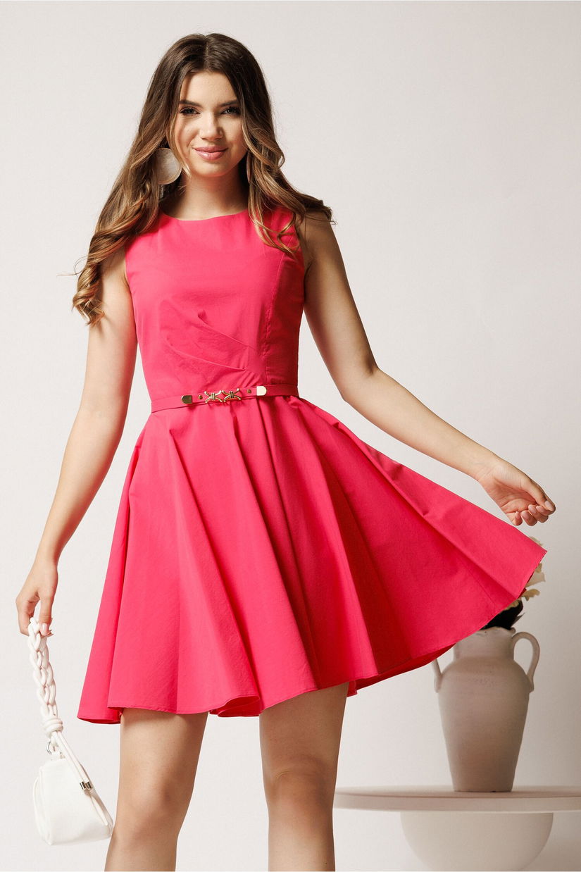 Rochie scurta fucsia din bumbac clos cu pliuri pe bust si curea in talie