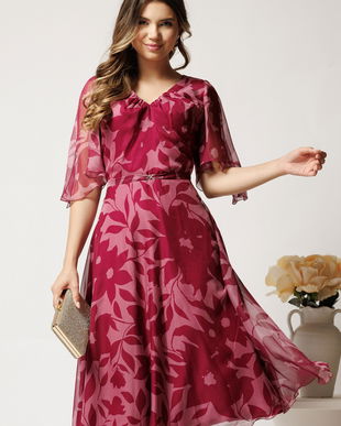 Rochie midi roz din voal cu imprimeu magenta si maneci vaporoase- Viada