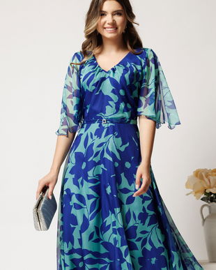 Rochie midi verde mint din voal cu imprimeu albastru si maneci vaporoase- Viada