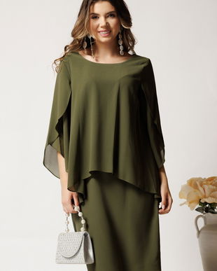 Rochie midi kaki din voal cu maneci despicate