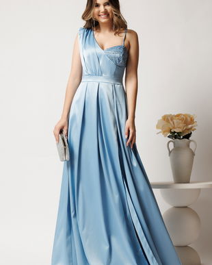 Rochie lunga bleu din tafta in clos cu strasuri la bust- Moze