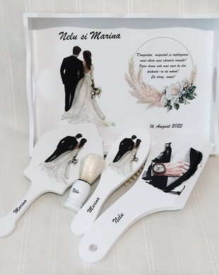 Tavita pentru mireasa si mire 2 in 1 cu cununa de stuf si flori albe