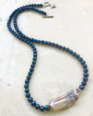 Colier CHOKER perle de cultura albastre & perla biwa