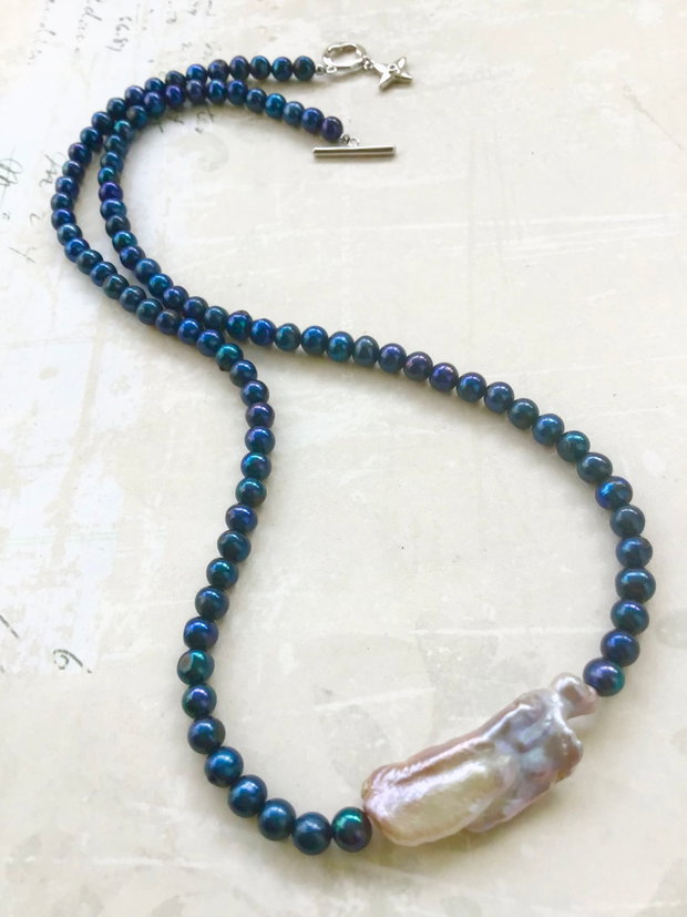 Colier CHOKER perle de cultura albastre & perla biwa