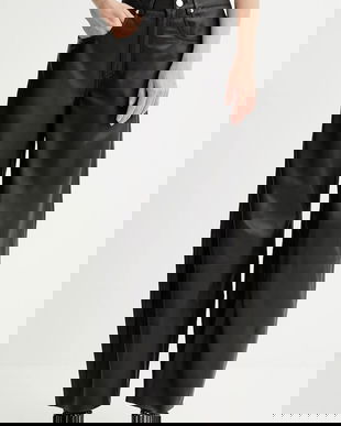 Gestuz pantaloni de piele culoarea negru, drept, high waist, 10910463