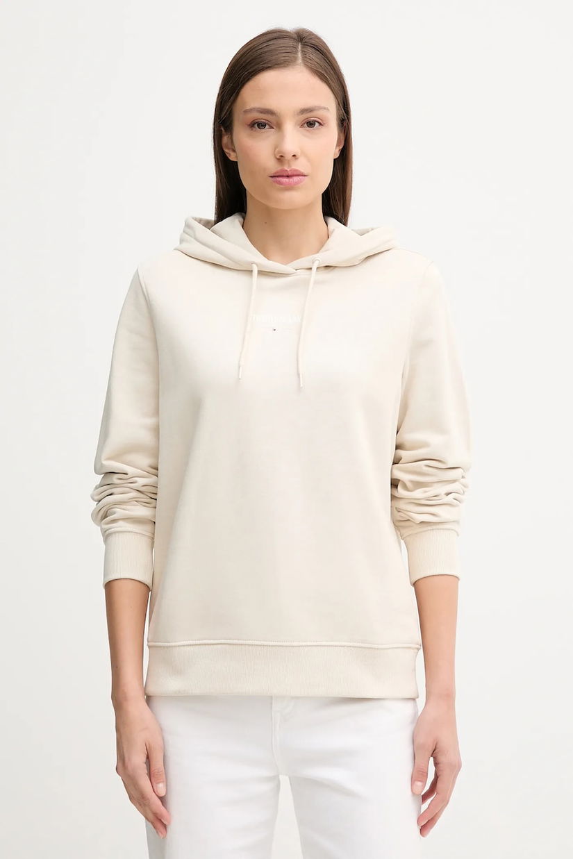 Tommy Jeans hanorac de bumbac culoarea bej, cu glugă, cu imprimeu, DW0DW20943