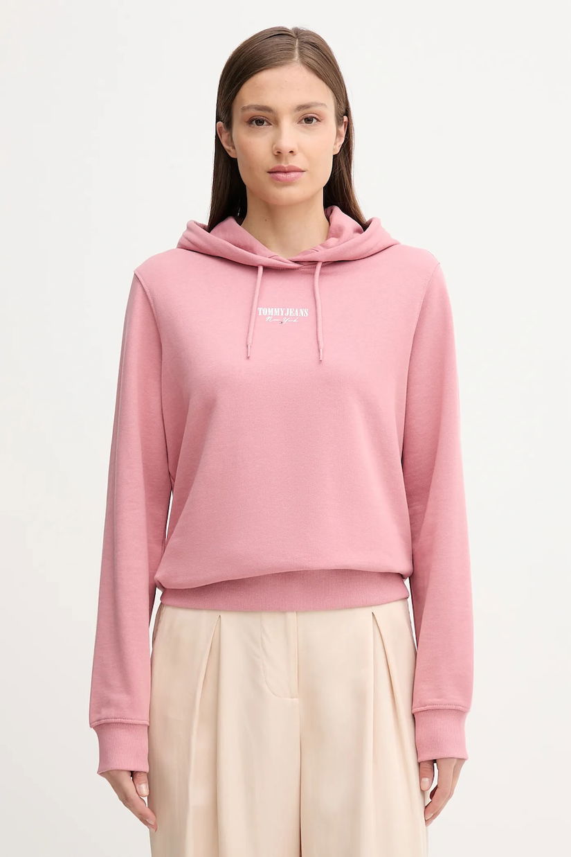 Tommy Jeans hanorac de bumbac culoarea roz, cu glugă, cu imprimeu, DW0DW20943