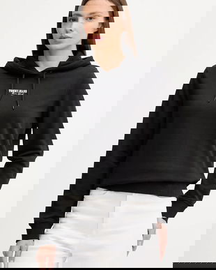 Tommy Jeans hanorac de bumbac culoarea negru, cu glugă, cu imprimeu, DW0DW20943