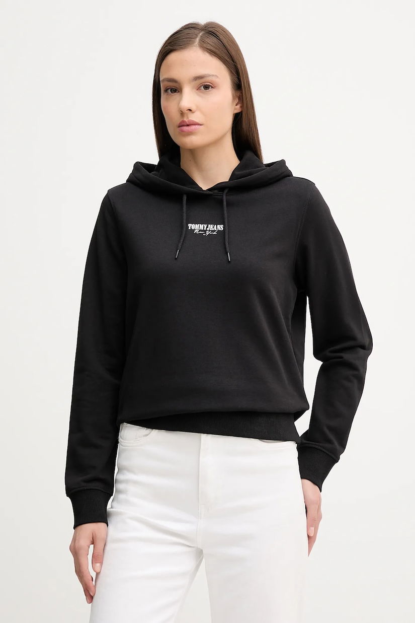 Tommy Jeans hanorac de bumbac culoarea negru, cu glugă, cu imprimeu, DW0DW20943