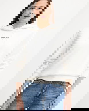 Tommy Jeans hanorac de bumbac culoarea alb, cu glugă, cu imprimeu, DW0DW20943