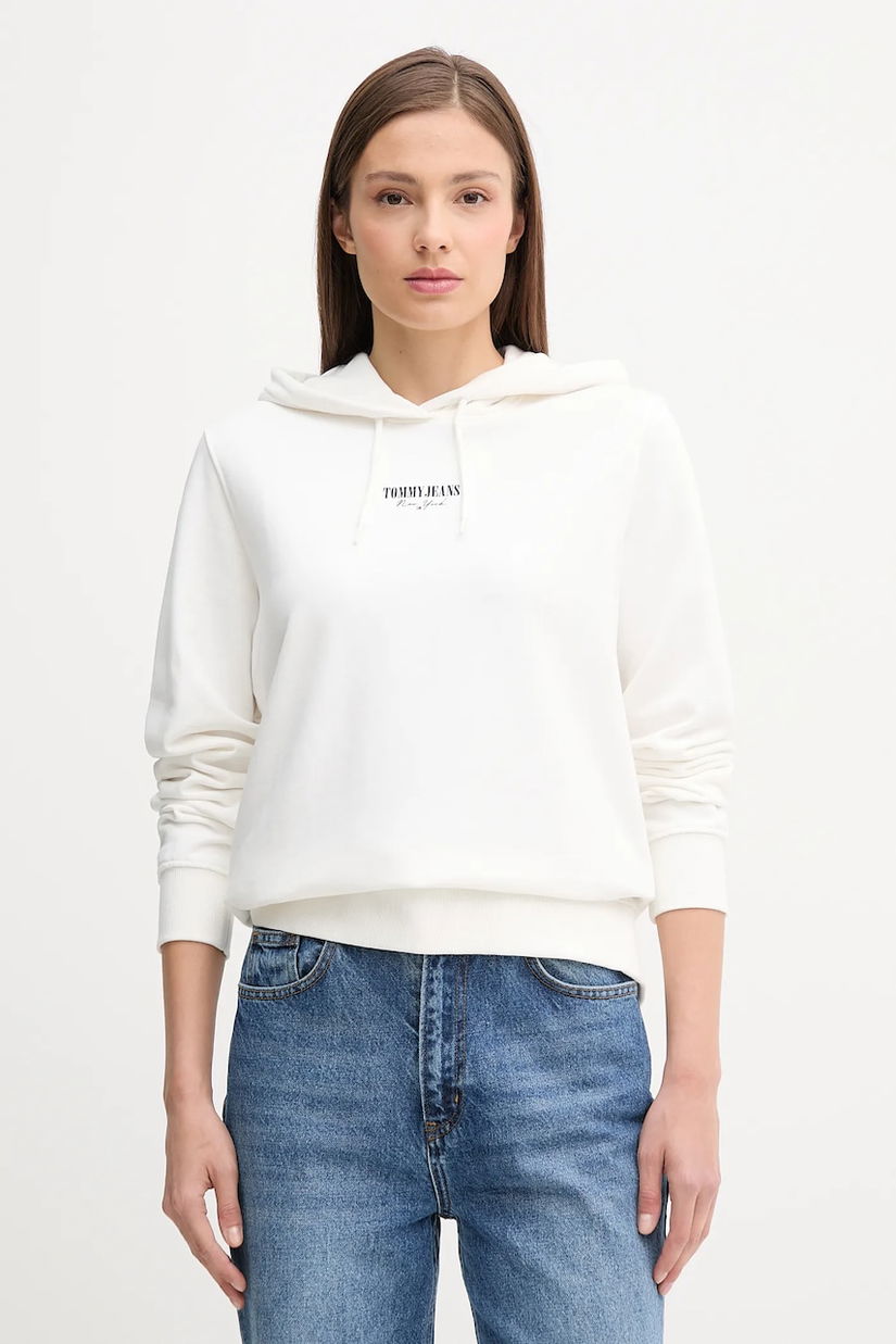 Tommy Jeans hanorac de bumbac culoarea alb, cu glugă, cu imprimeu, DW0DW20943