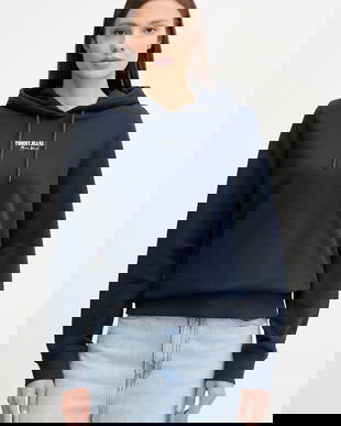 Tommy Jeans hanorac de bumbac culoarea bleumarin, cu glugă, cu imprimeu, DW0DW20943