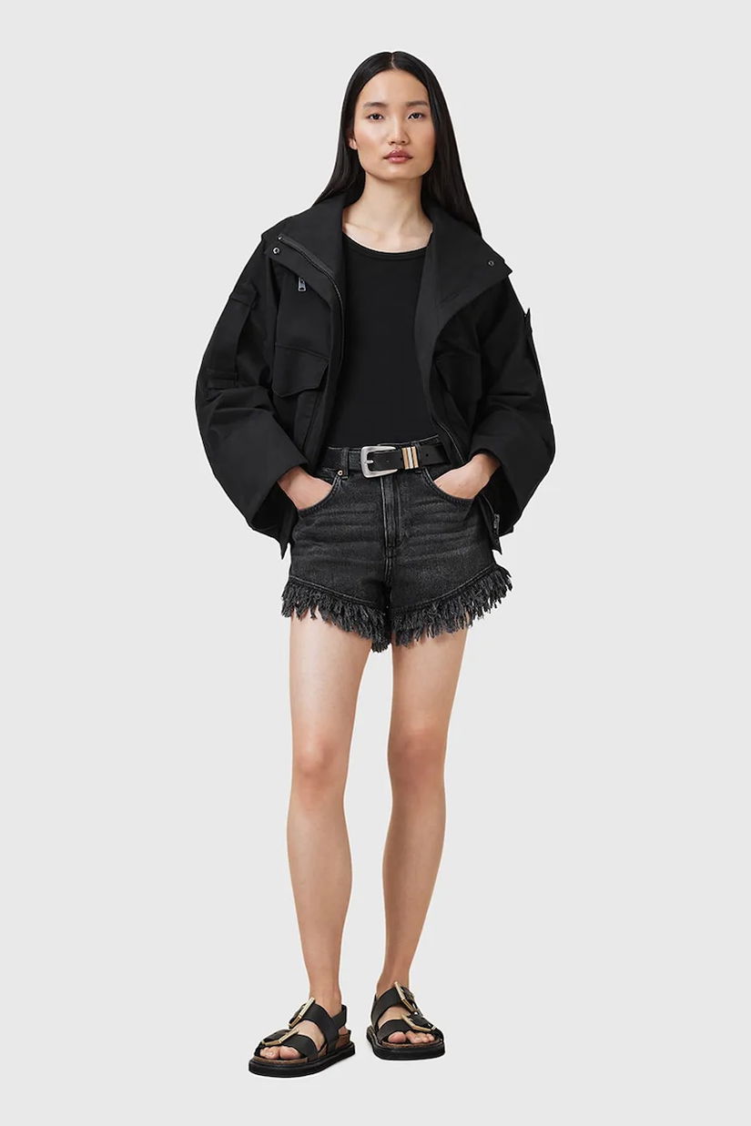 AllSaints pantaloni scurți  din bumbac ASTRID FRAY culoarea negru, uni, high waist, W036EA