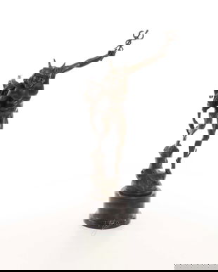 Mercur legandu-si sandalele-statueta din bronz cu soclu marmura