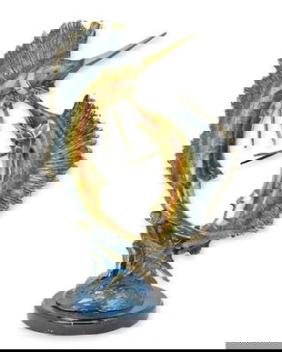 Pereche de pești spada-statueta din bronz cu un soclu din marmura