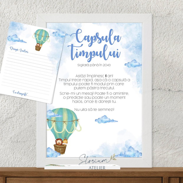 Set capsula timpului Animăluțe în balon. Set mesaje aniversare 1 an. Cadou copii
