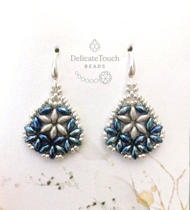 Cercei Handmade Albastru Metalizat si Argintiu | Margele SuperDuo si Tortite Argint 925