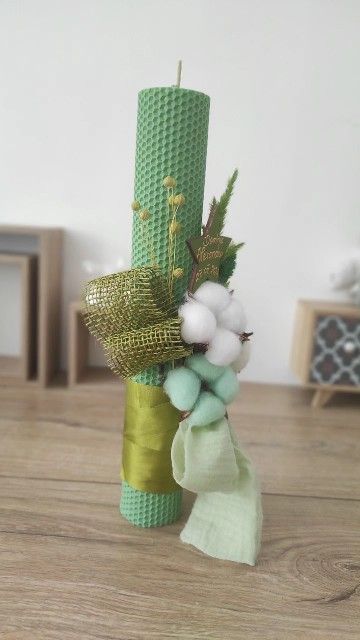 Lumanare de botez din ceara naturala de albine verde, Colorart