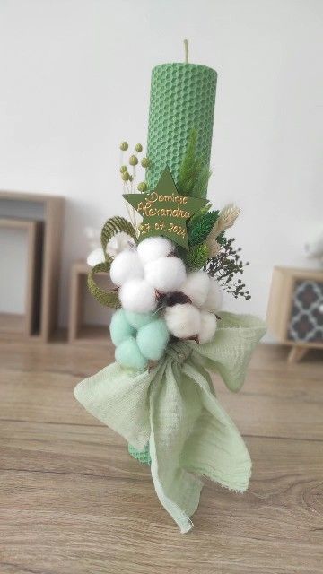 Lumanare de botez din ceara naturala de albine verde, Colorart