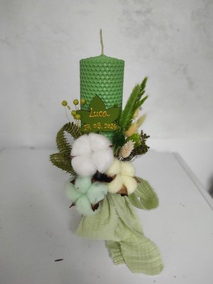 Lumanare de botez din ceara naturala de albine verde, Colorart