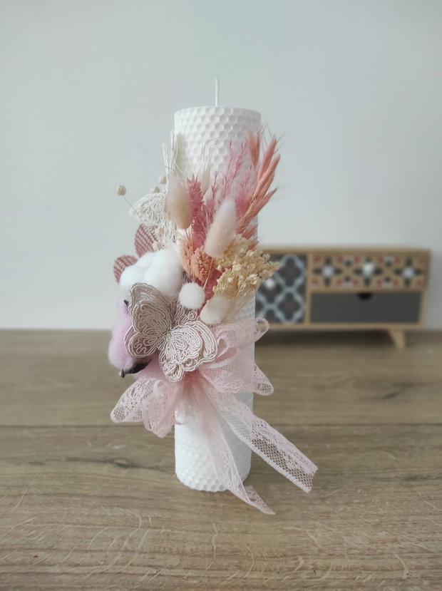 Lumanare de botez din ceara naturala de albine alba, Fluturi, Colorart
