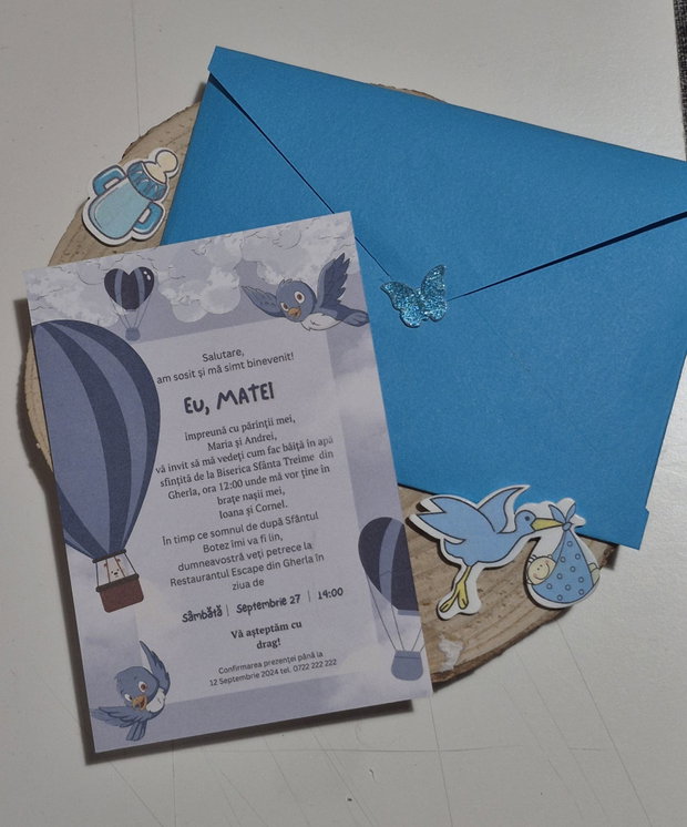 Invitație botez băiat Balonașul zburător