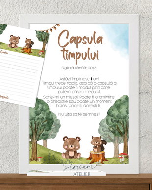 Set capsula timpului Animăluțe în pădure. Set mesaje aniversare 1 an. Cadou copii