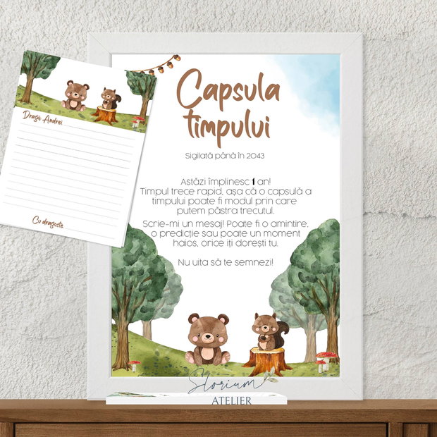 Set capsula timpului Animăluțe în pădure. Set mesaje aniversare 1 an. Cadou copii