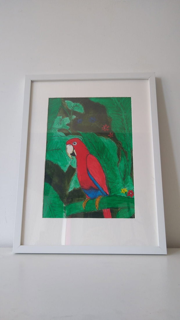 Pictura "Papagal exotic" cu acrilic si marker pe hartie cartonata