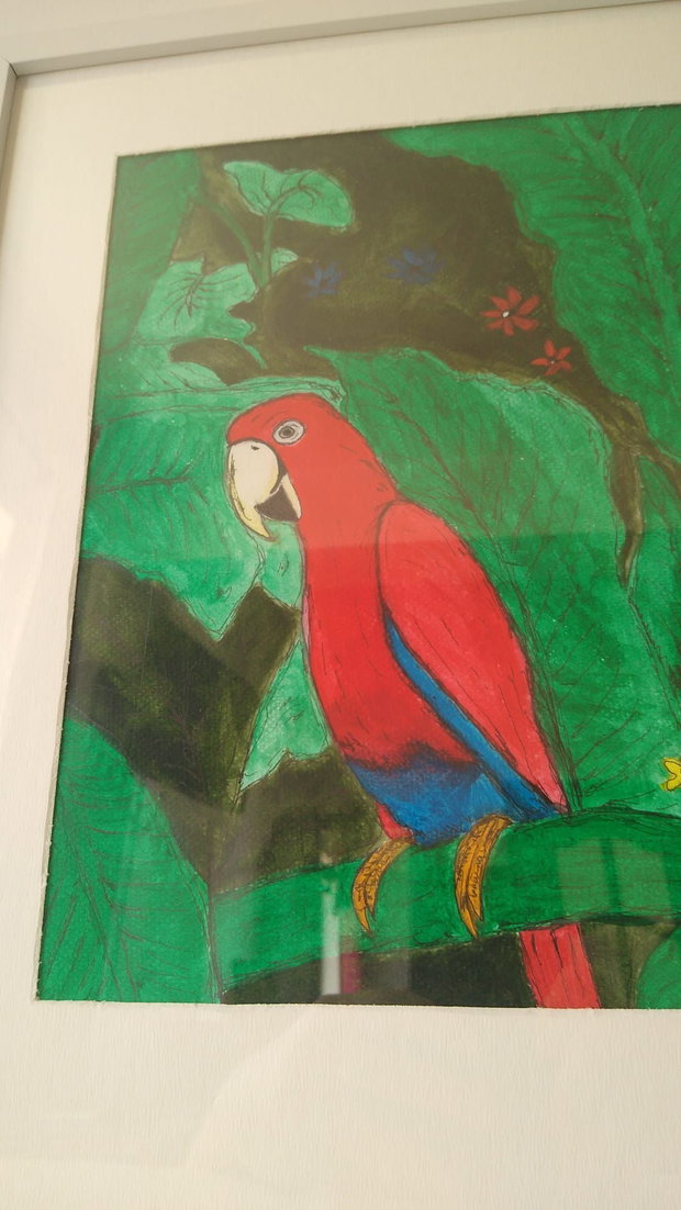 Pictura "Papagal exotic" cu acrilic si marker pe hartie cartonata