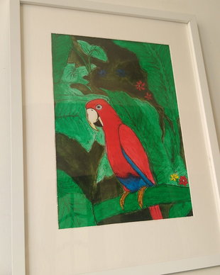 Pictura "Papagal exotic" cu acrilic si marker pe hartie cartonata