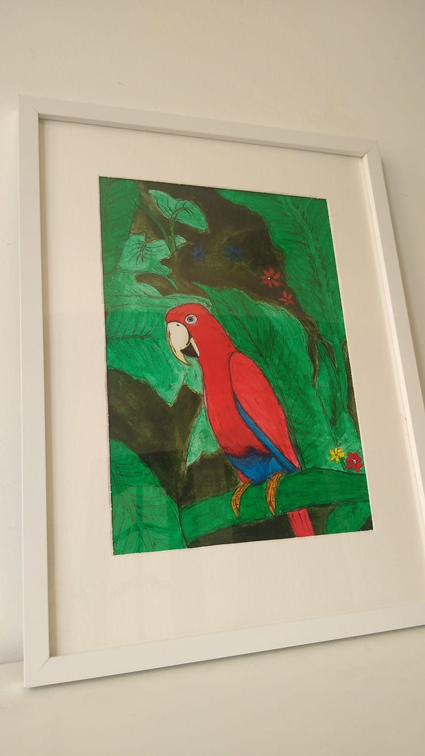 Pictura "Papagal exotic" cu acrilic si marker pe hartie cartonata