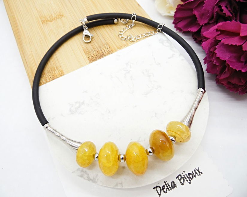 Colier statement handmade unicat agate galbene (cod1261)