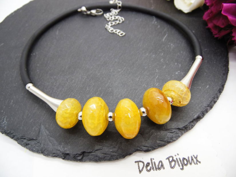Colier statement handmade unicat agate galbene (cod1261)