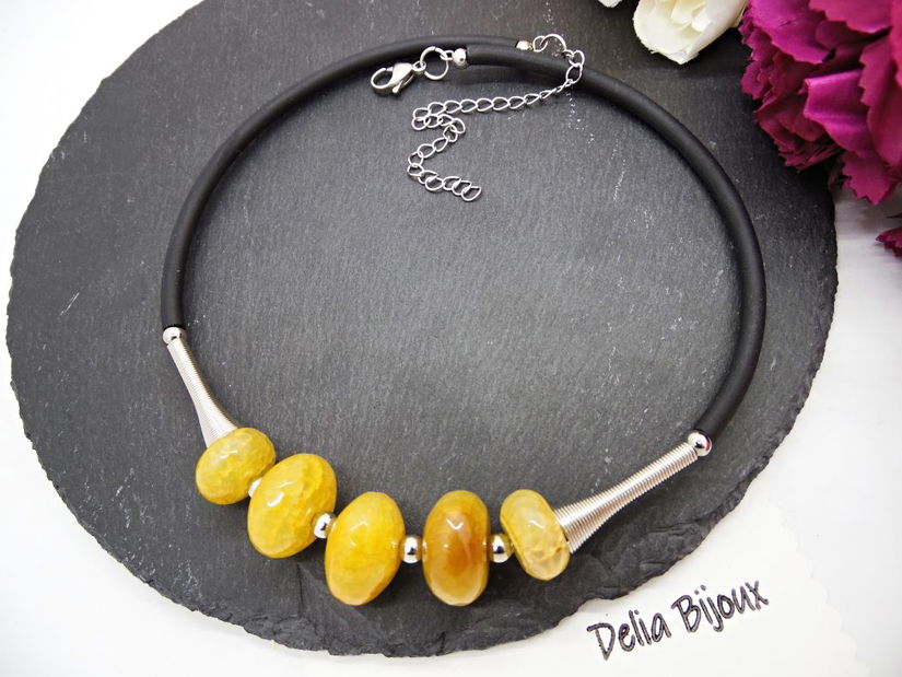 Colier statement handmade unicat agate galbene (cod1261)