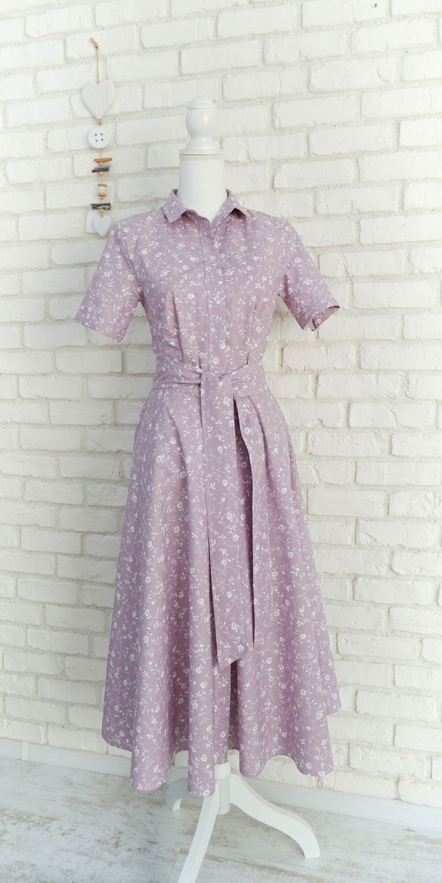 Rochie Camasa Maneca Scurta Lila cu Flori Albe
